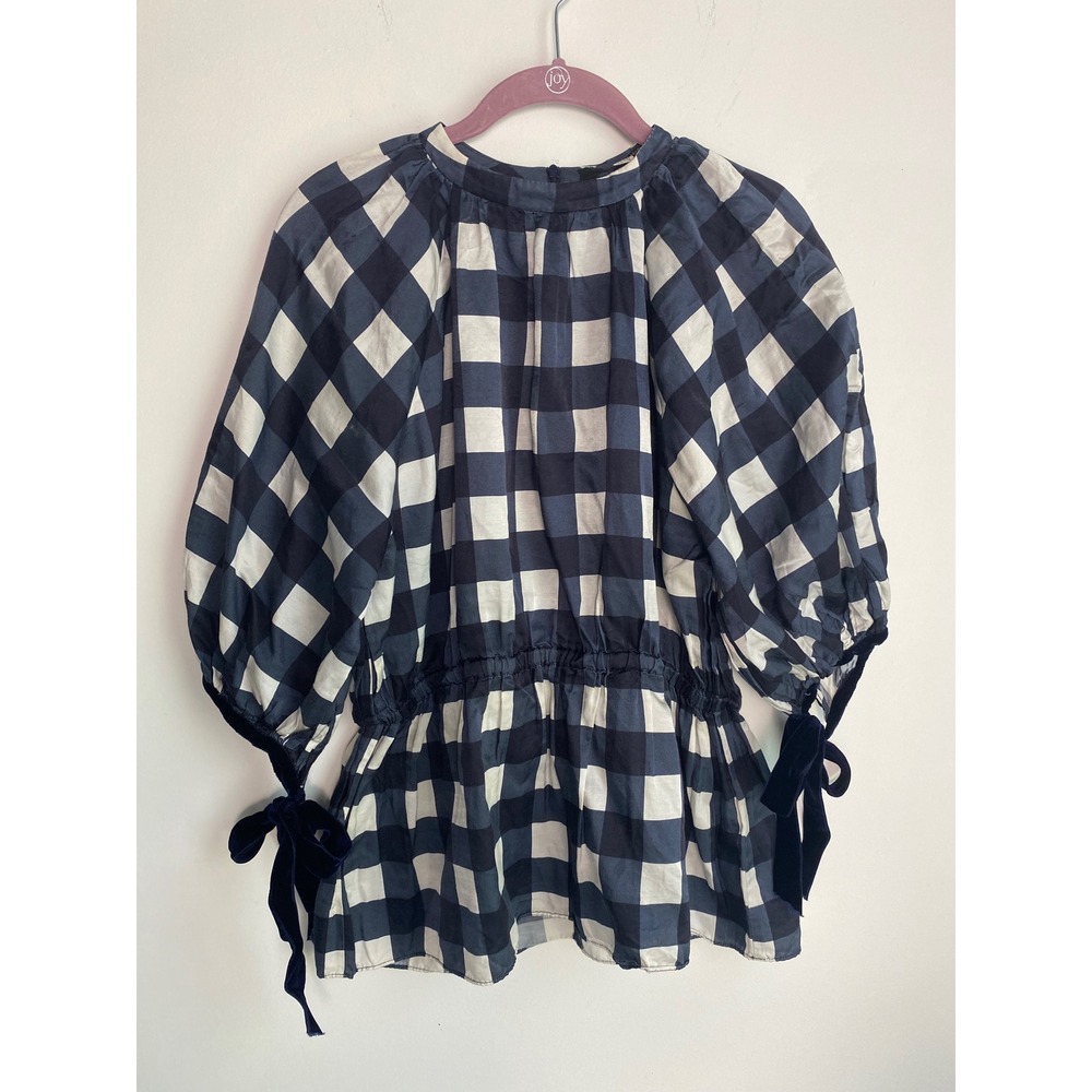 Mother of Pearl Navy Gingham Cotton Silk Peplum Top Velvet Bow Puff Sleeve US 0